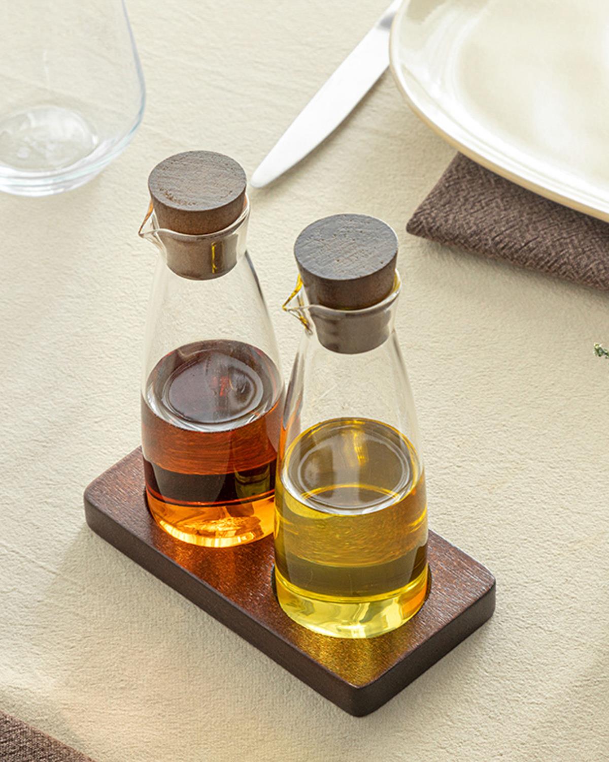 Tuscany Borosilikat Ahşap Standlı 2'li Yağlık - Sirkelik 180 ml Şeffaf