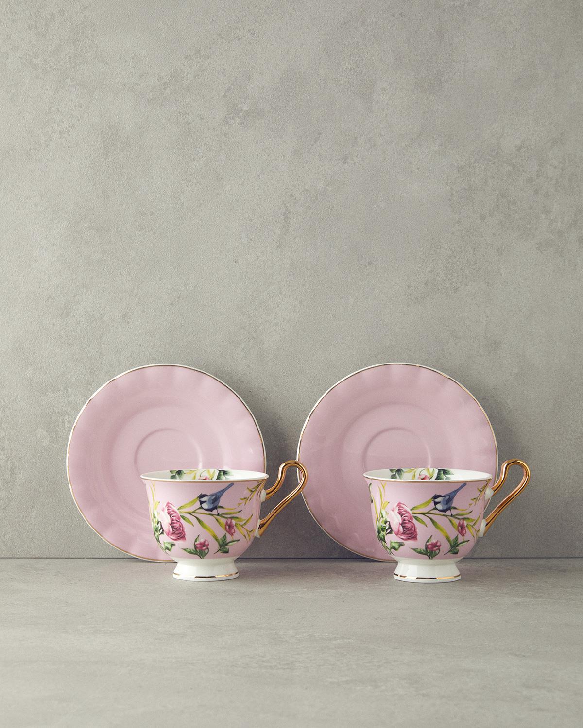 Vanilla New Bone China 4 Parça 2 Kişilik Çay Fincanı Takımı Açık Pembe