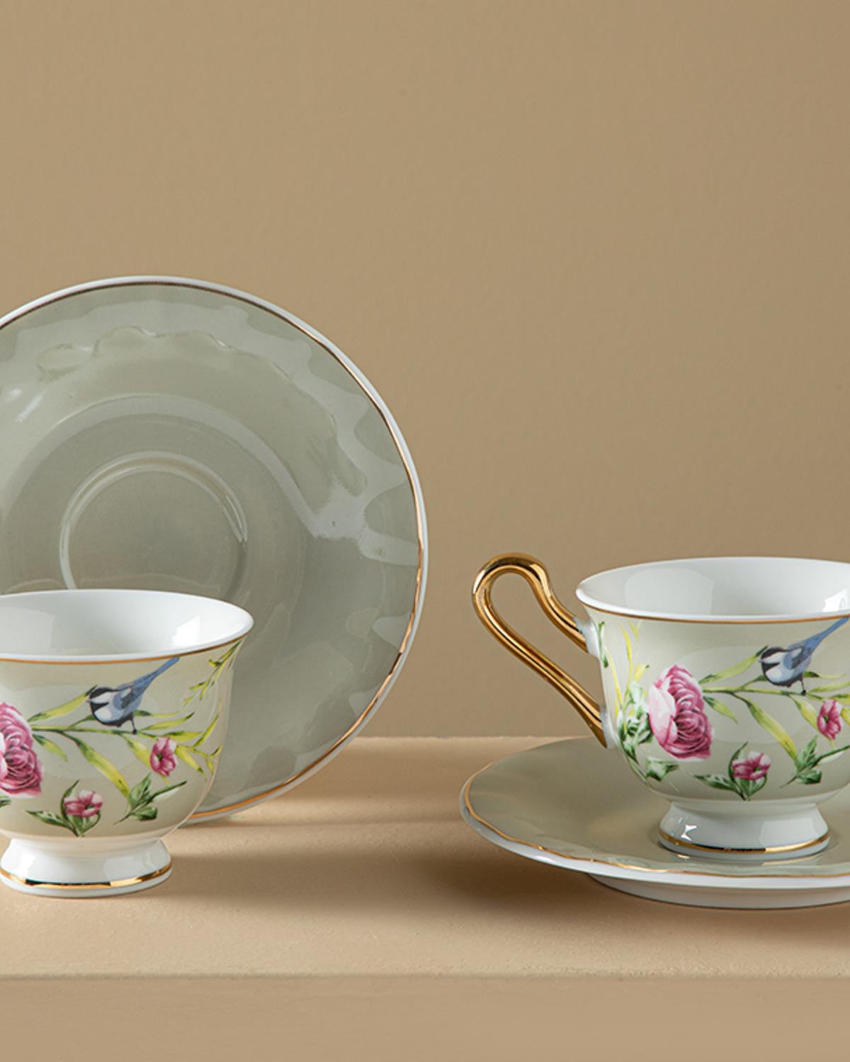 Vanilla New Bone China 4 Parça 2 Kişilik Kahve Fincan Takımı Açık Gri