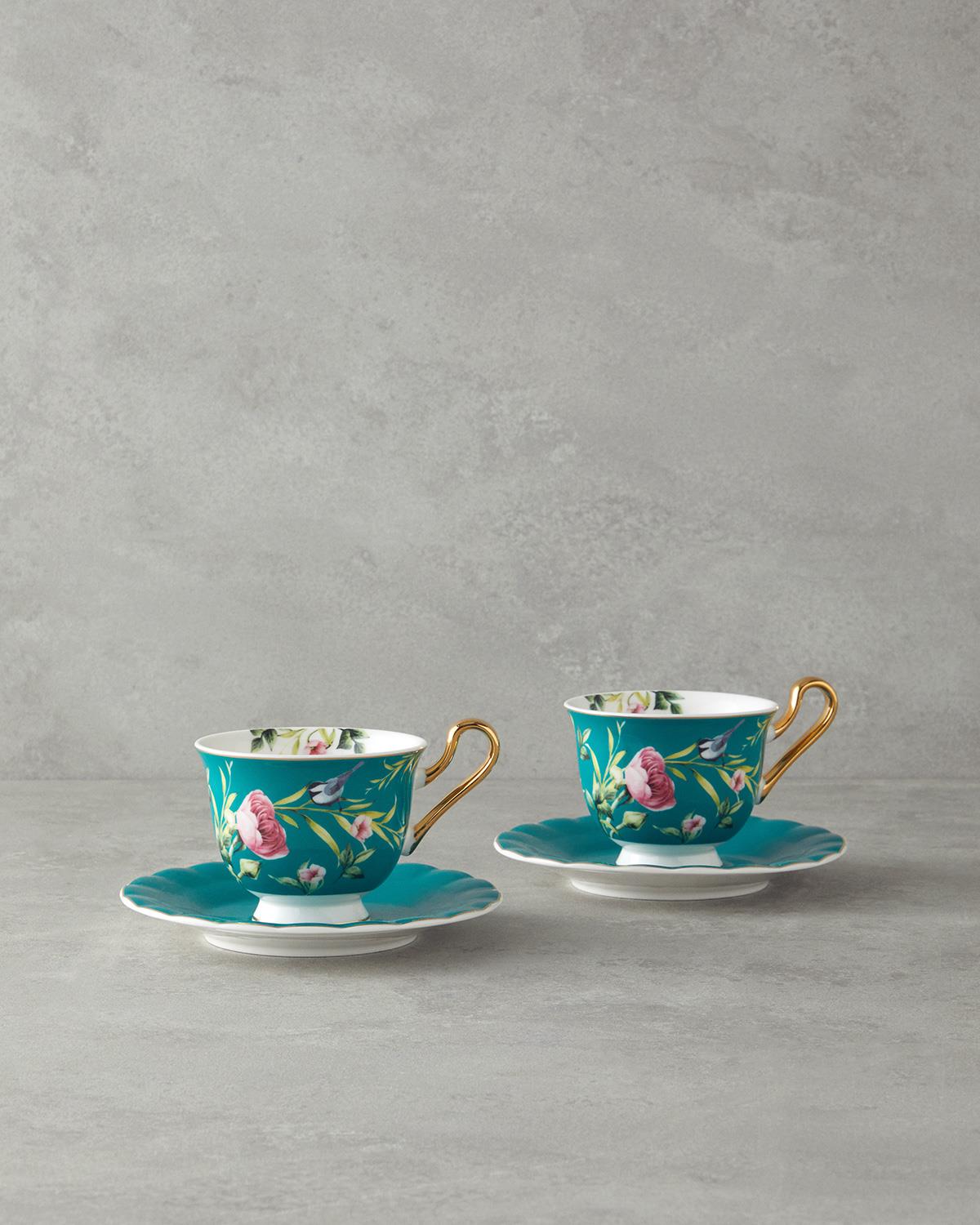 Vanilla New Bone China 4 Parça 2 Kişilik Çay Fincanı Takımı Turkuaz