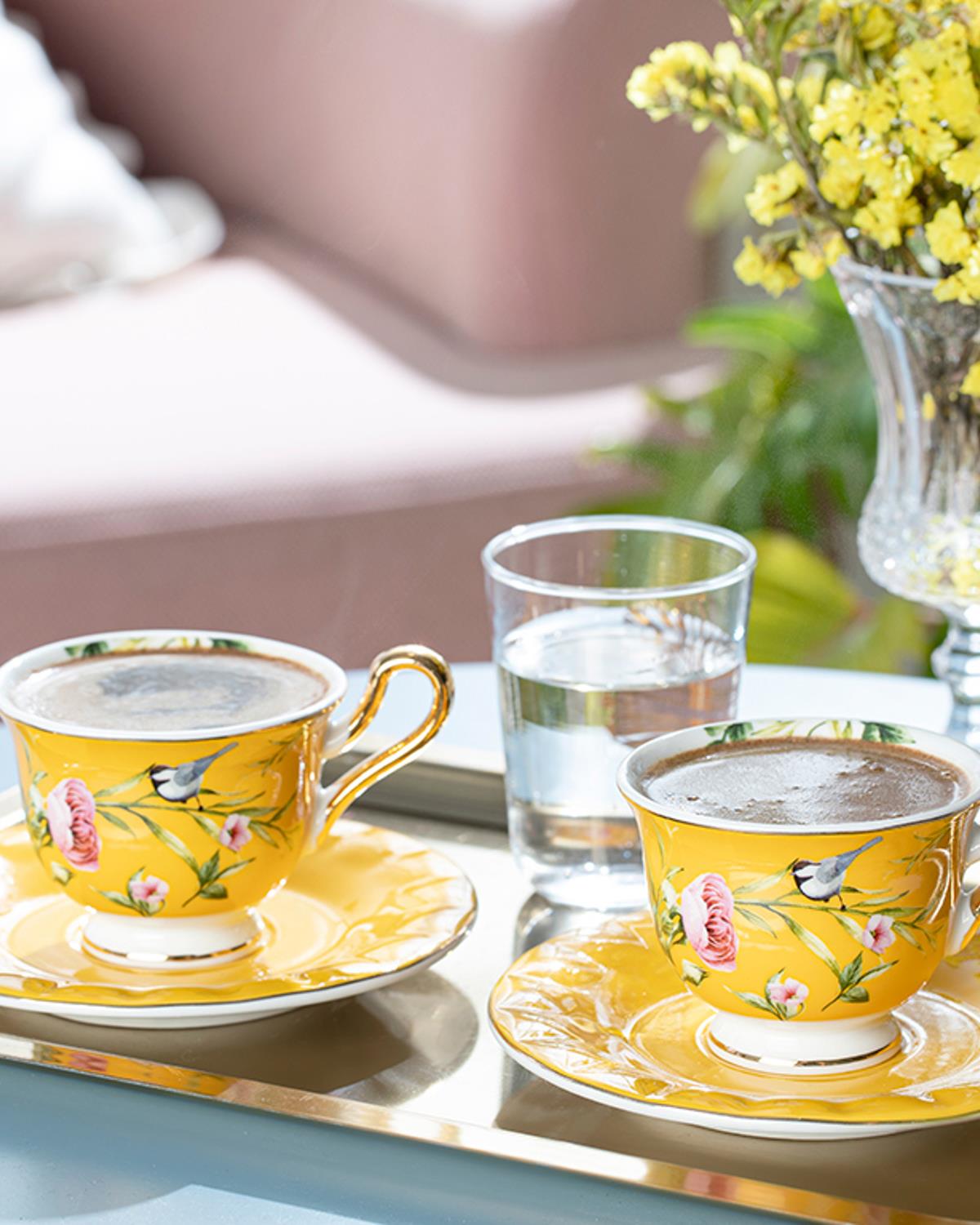Vanilla New Bone China 4 Parça 2 Kişilik Kahve Fincan Takımı Sarı