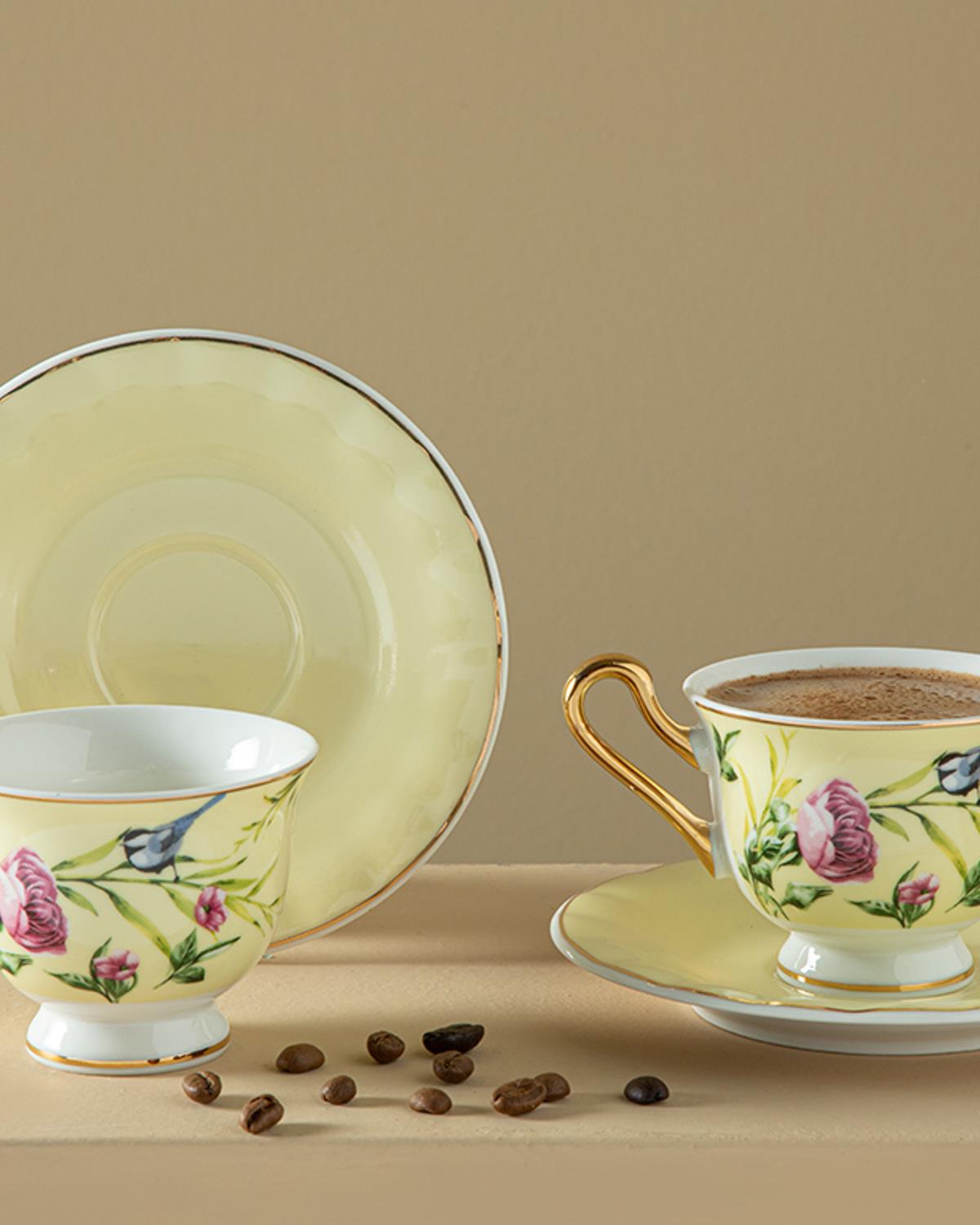 Vanilla New Bone China 4 Parça 2 Kişilik Kahve Fincan Takımı Açık Sarı
