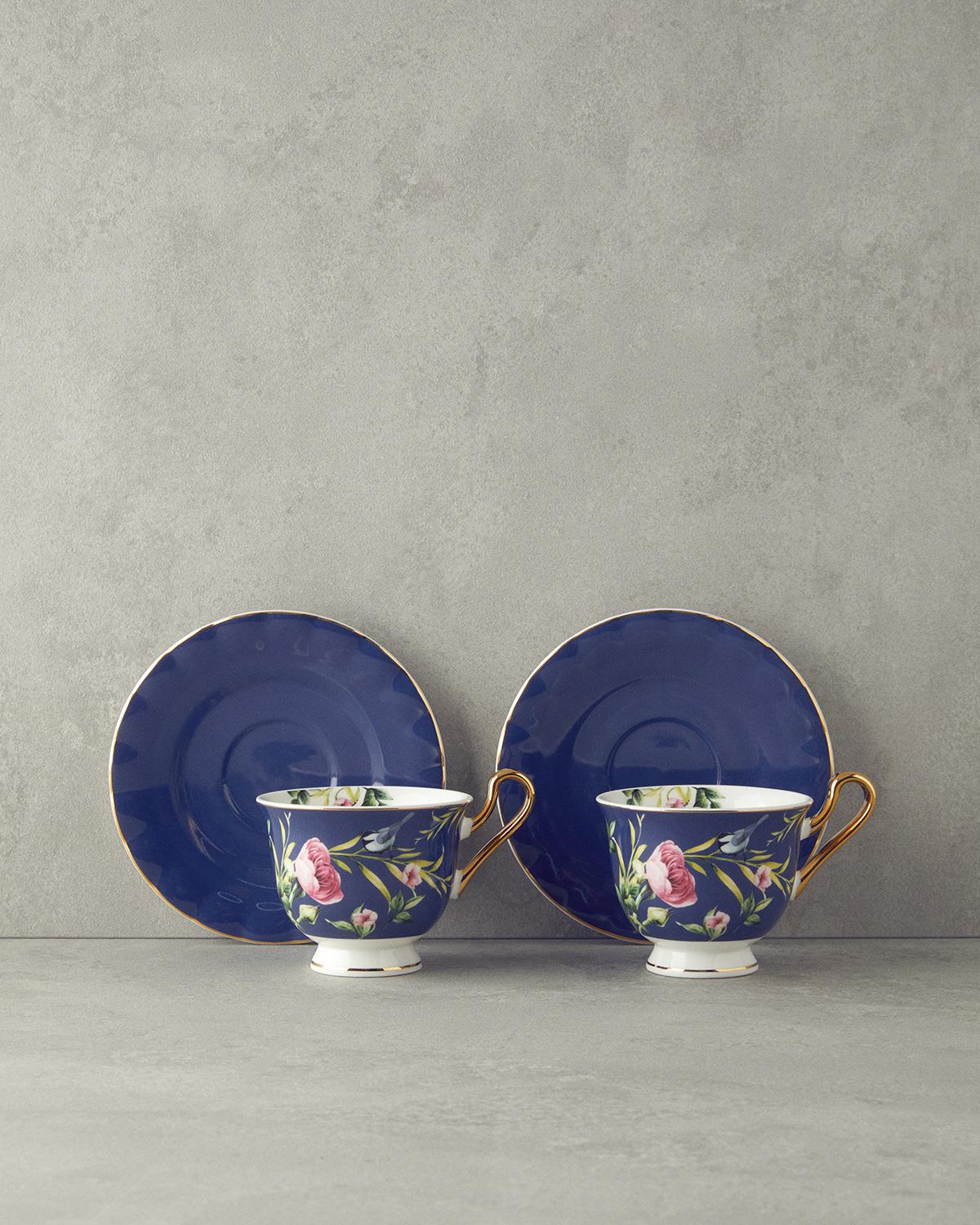Vanilla New Bone China 4 Parça 2 Kişilik Çay Fincanı Takımı Lacivert