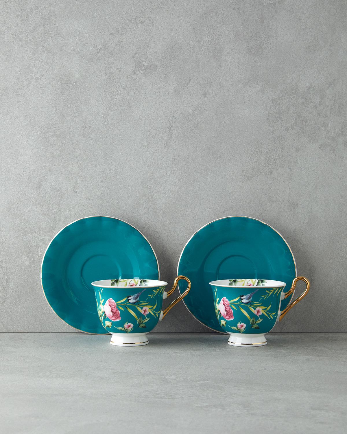 Vanilla New Bone China 4 Parça 2 Kişilik Çay Fincanı Takımı Turkuaz