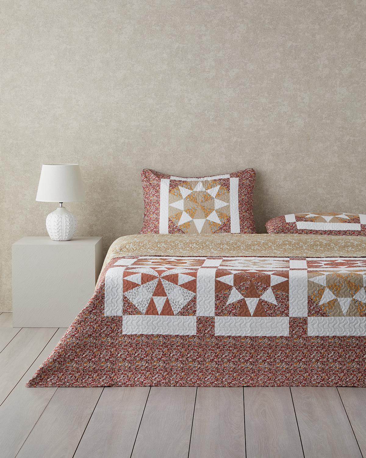 Vintage Lace Patchwork Çok Amaçlı Çift Kişilik Yatak Örtüsü Takımı 200x220 cm Terracotta