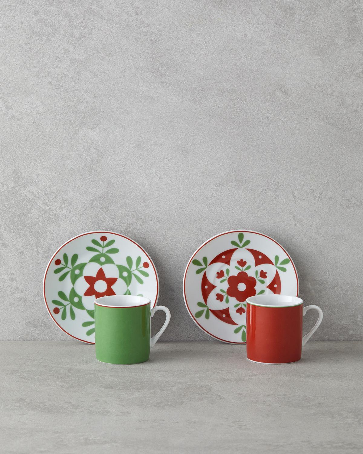 Vivy Porselen 4 Parça 2 Kişilik Kahve Fincan Takımı 80 ml Bordo-Yeşil