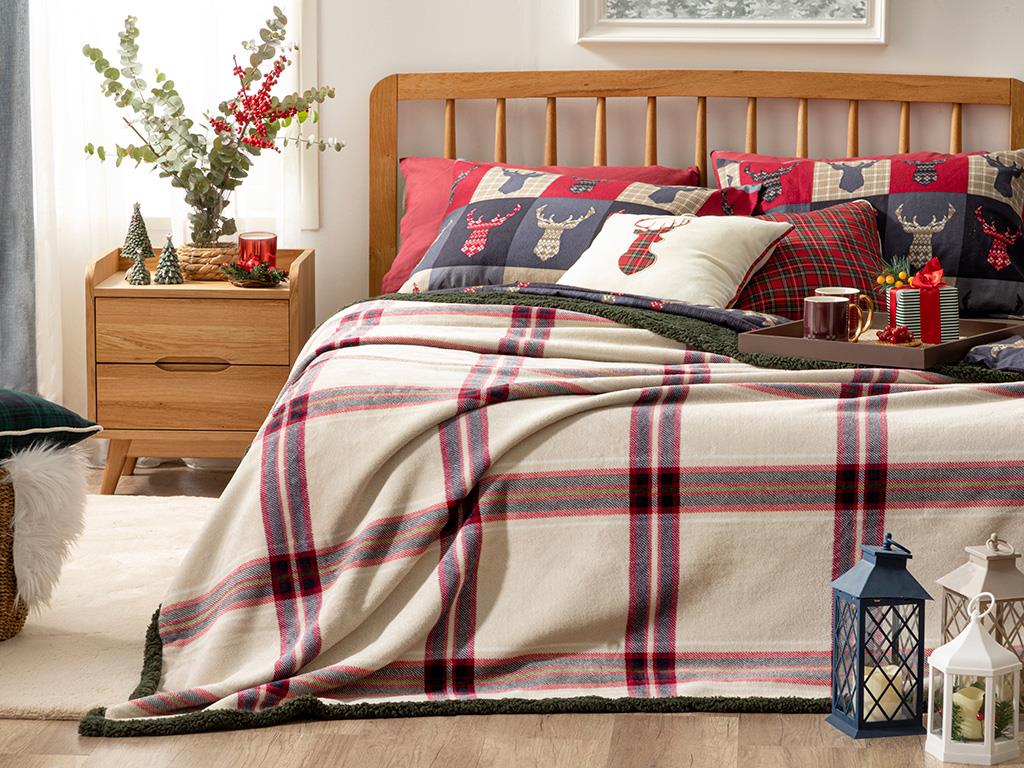 Windowpane Sherpa Çift Kişilik Battaniye Bej - Kırmızı