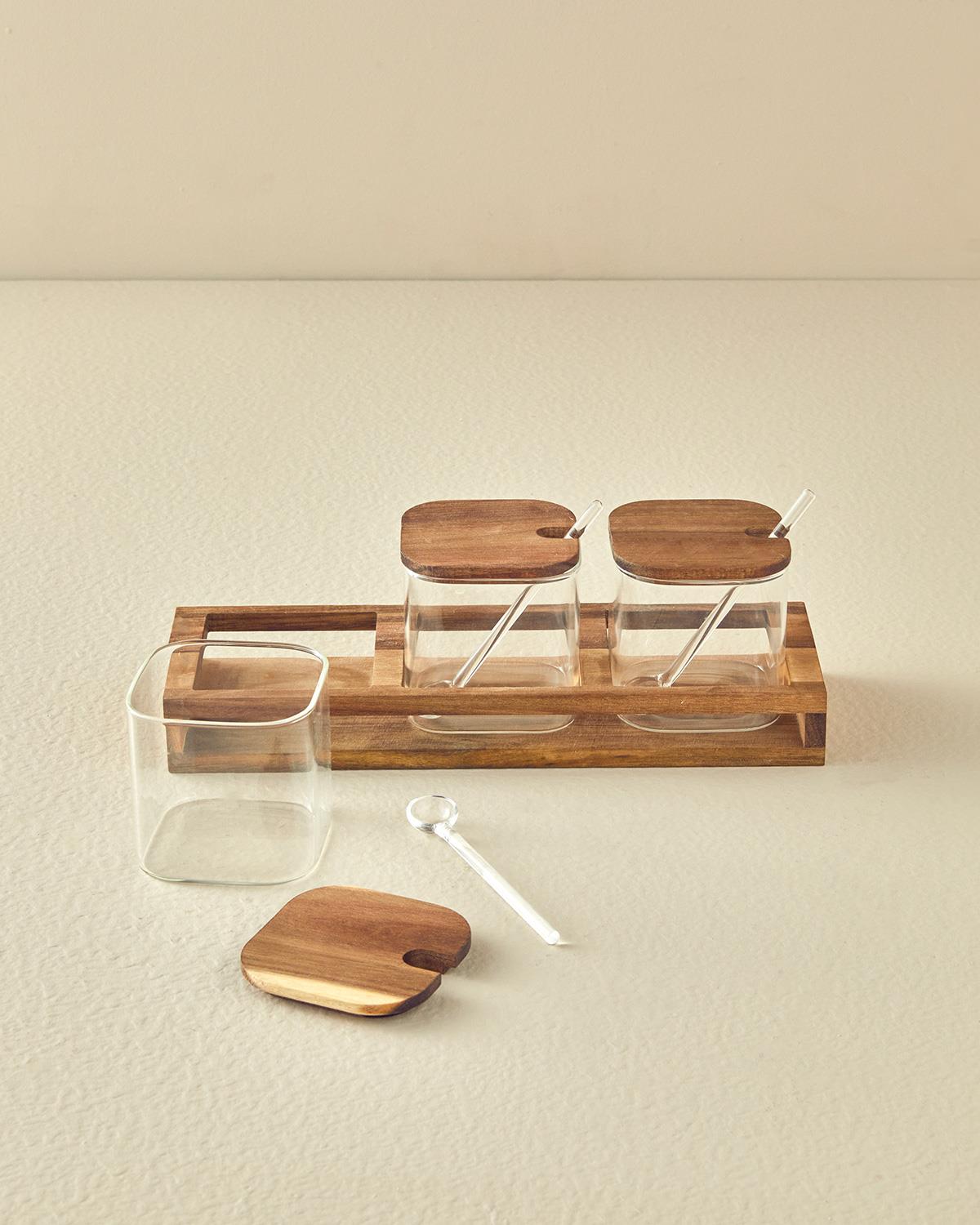 Woodland Borosilkat Ahşap Standlı Kaşıklı Baharatlık Şeffaf