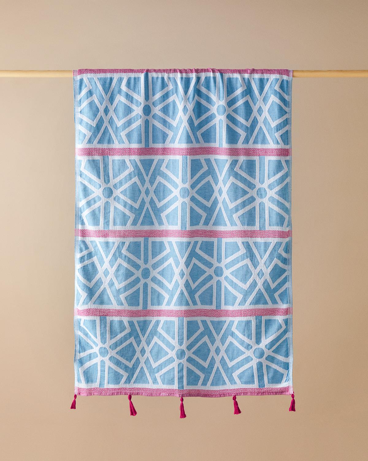 Zigzag Pamuklu Püsküllü Peştamal 90x150 cm Mavi-Fuşya