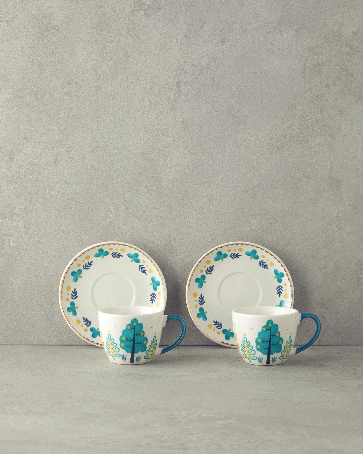 Love Jungle New Bone China 4 Parça 2 Kişilik Kahve Fincan Takımı Yeşil