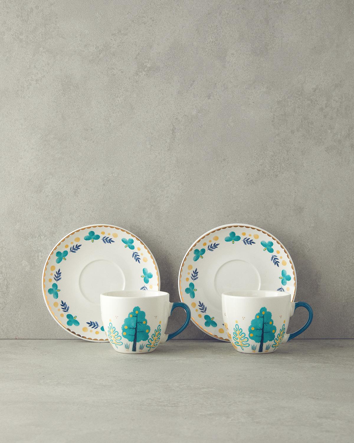 Love Jungle New Bone China 4 Parça 2 Kişilik Çay Fincanı Takımı Yeşil