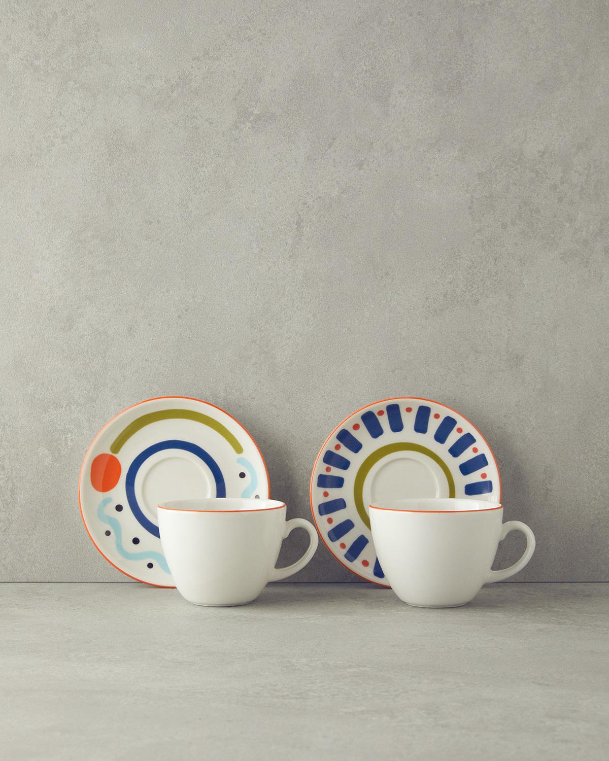 Mixed Lines Porselen 4 Parça 2 Kişilik Çay Fincanı Takımı Renkli