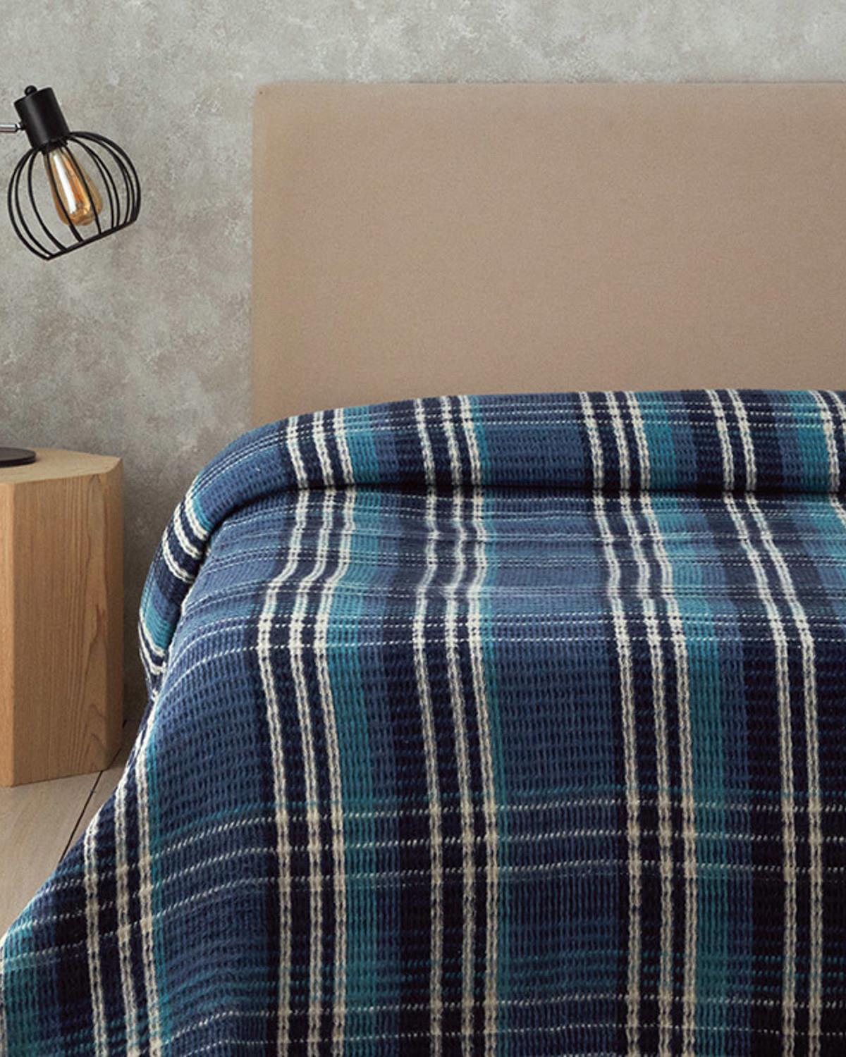 Plaid Waffle Scotch Çift Kişilik Battaniye Mavi