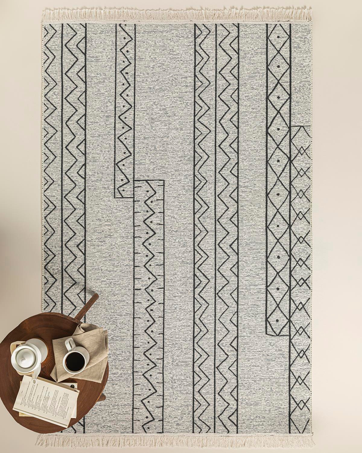 Trendy Tiles Dokuma Kilim Gri-Beyaz