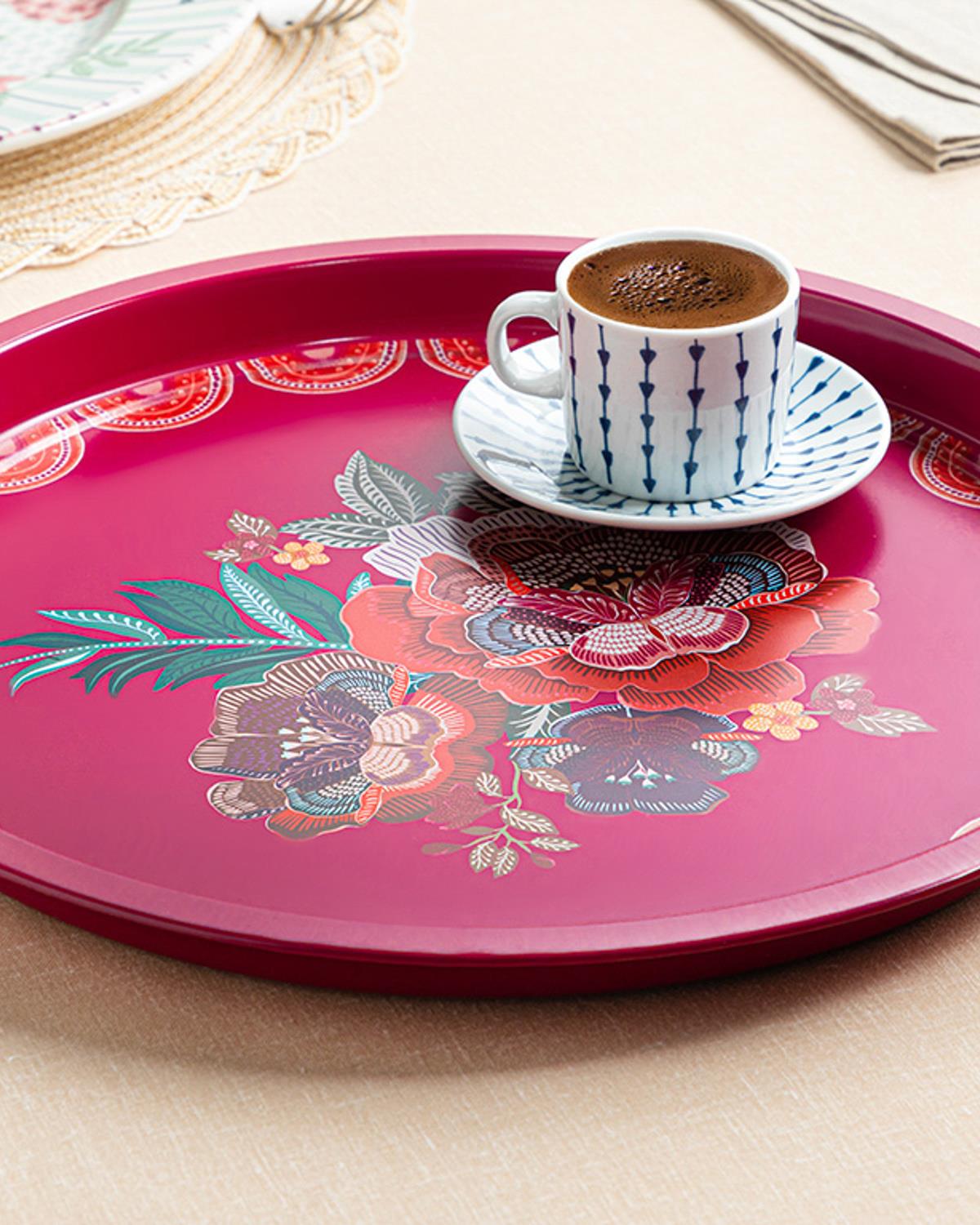 Boho Flowers Metal Yuvarlak Tepsi Pembe