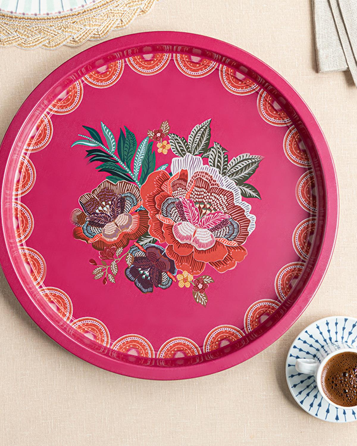 Boho Flowers Metal Yuvarlak Tepsi Pembe
