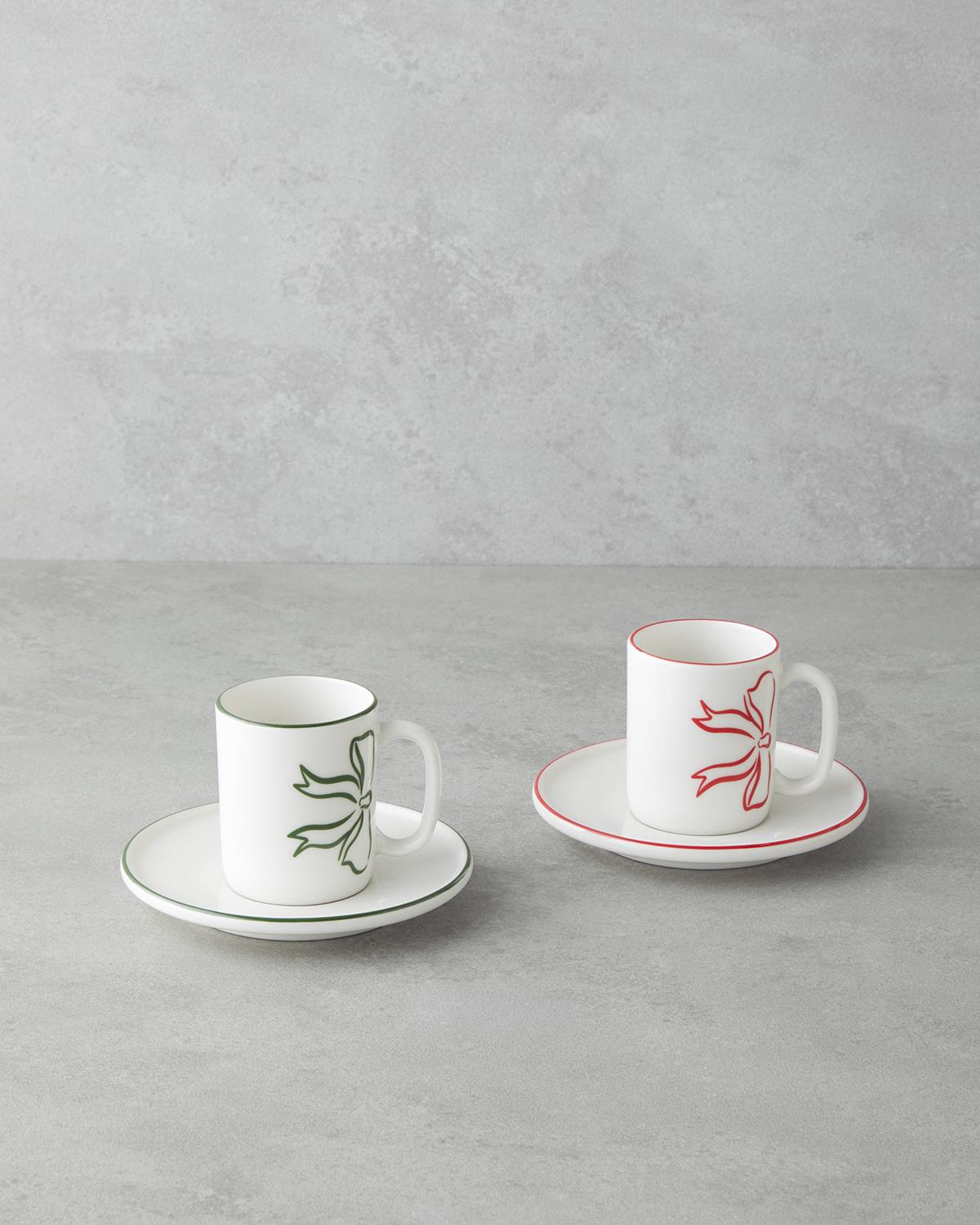 Bowsie Bone Porselen 4 Parça 2 Kişilik Kahve Fincan Takımı 90 ml Kırmızı - Yeşil