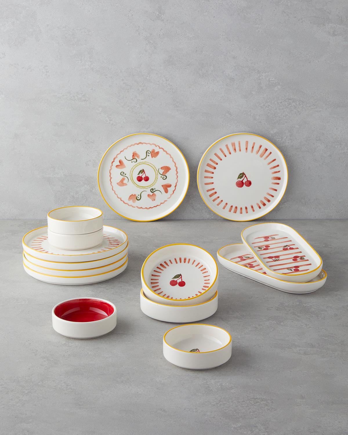 Cherry Seramik Kahvaltı Takımı 14 parça 6 kişilik Kırmızı-Sarı