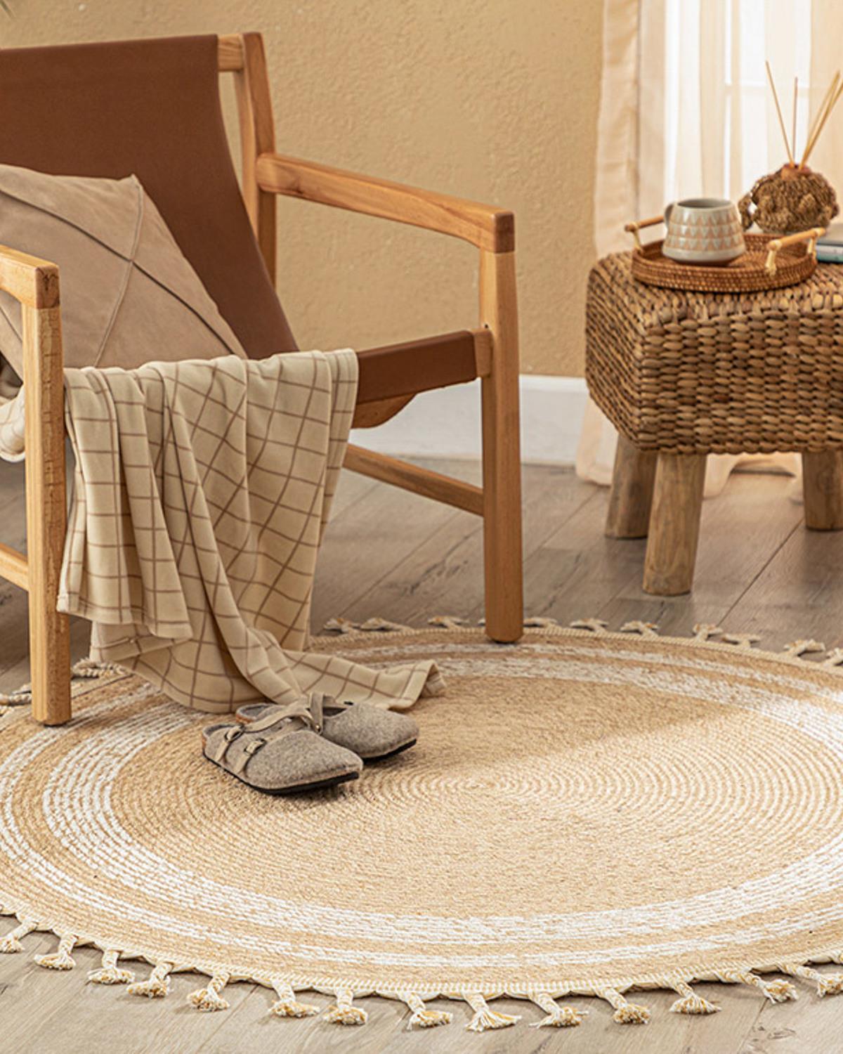 Circle Dekoratif Jüt Kilim Naturel-Beyaz