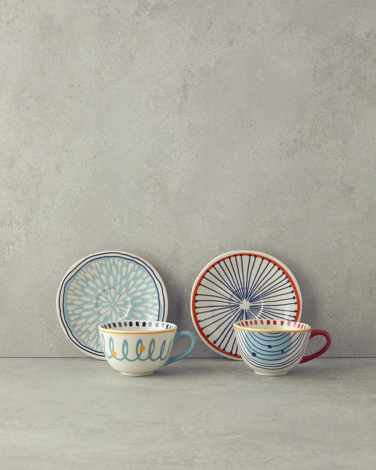 Coachella Blend Stoneware 4 Parça 2 Kişilik Çay Fincanı Takımı Mavi-Terracotta