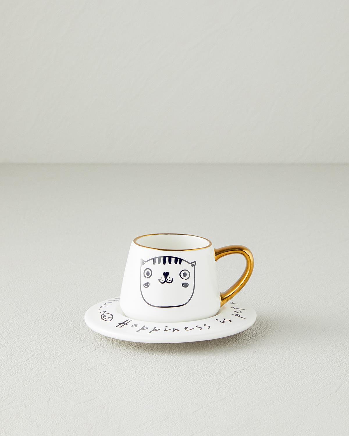 Cute Cat New Bone China 2 Parça 1 Kişilik Kahve Fincan Takımı 90 ml Siyah-Gold