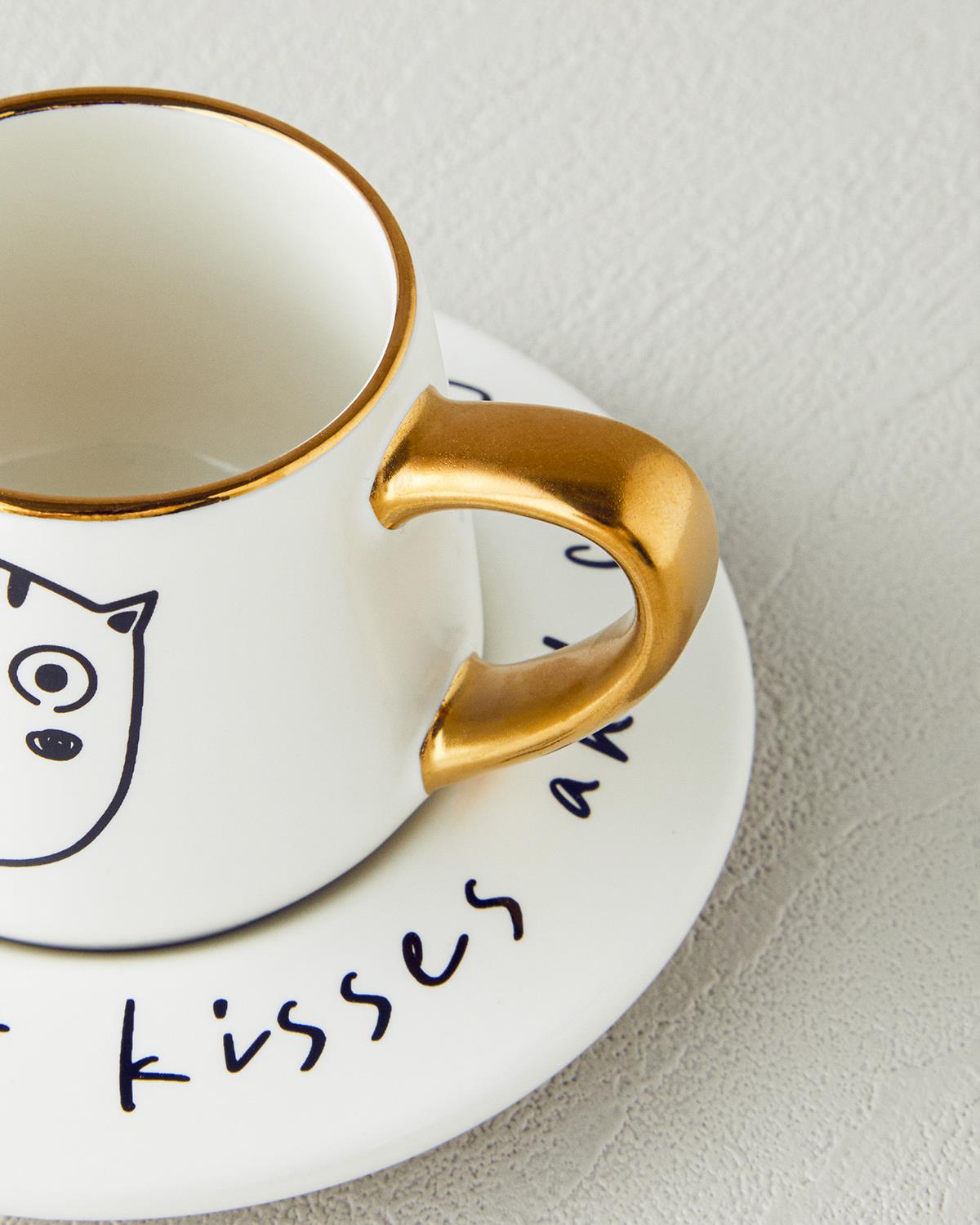 Cute Cat New Bone China 2 Parça 1 Kişilik Kahve Fincan Takımı 90 ml Siyah-Gold