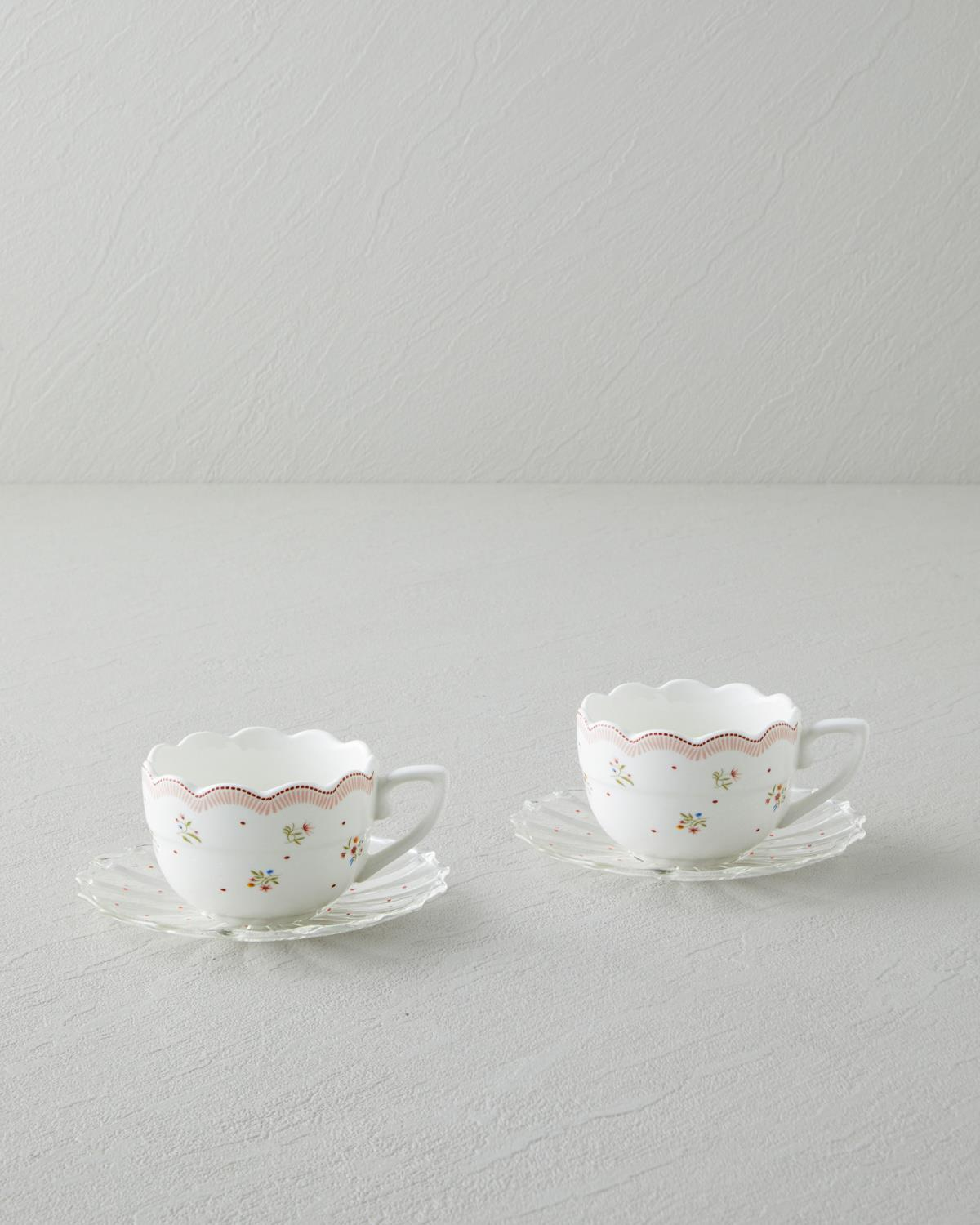 Daisy Days New Bone China 4 Parça 2 Kişilik Cam Tabaklı Kahve Fincan Takımı 80 ml Pembe - Yeşil