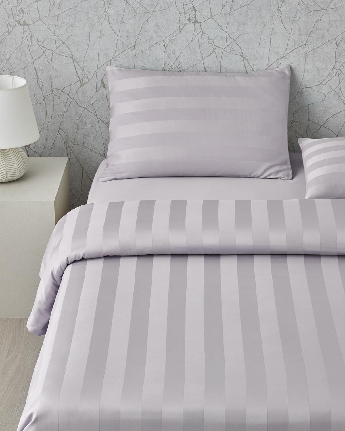 Deluxe Çizgili Pamuk Saten King Size Nevresim Takımı 240x220 cm Açık Leylak
