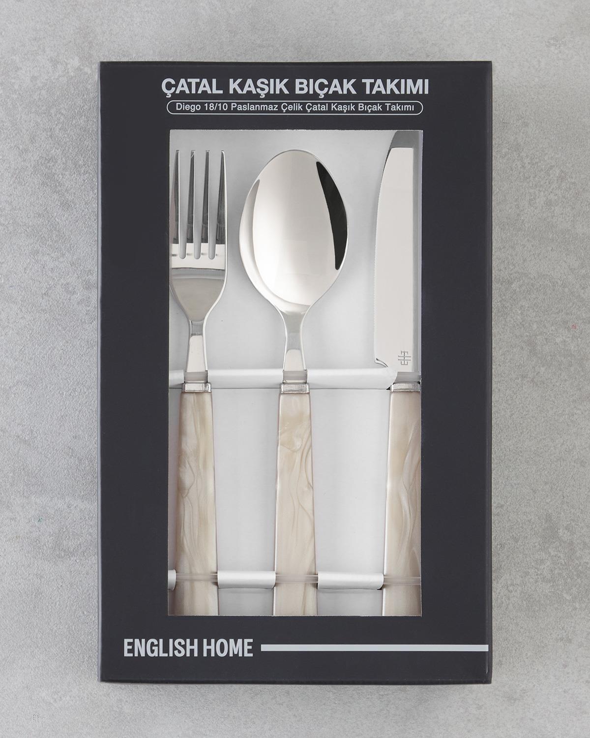 Diego 18/10 Paslanmaz Çelik Çatal Kaşık Bıçak Tk. 18 Parça 6 Kişilik Bej