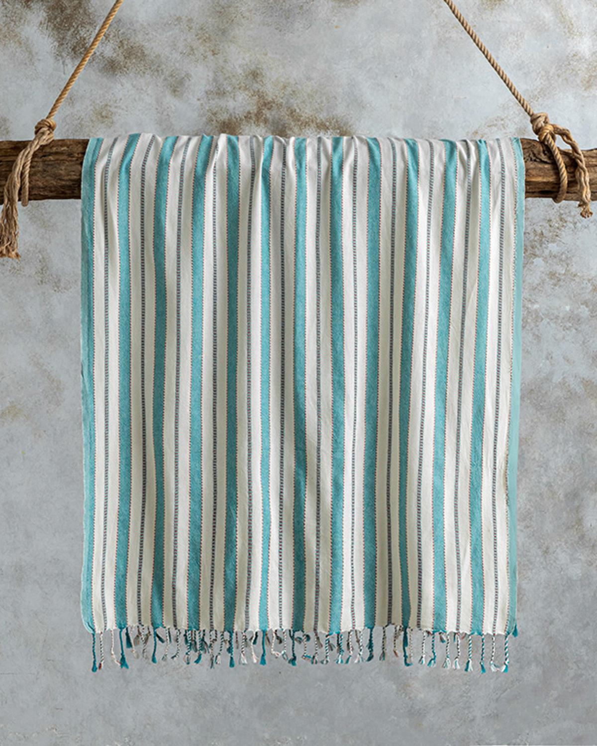 Dora Pamuklu Çizgili Peştamal Turkuaz-Bej