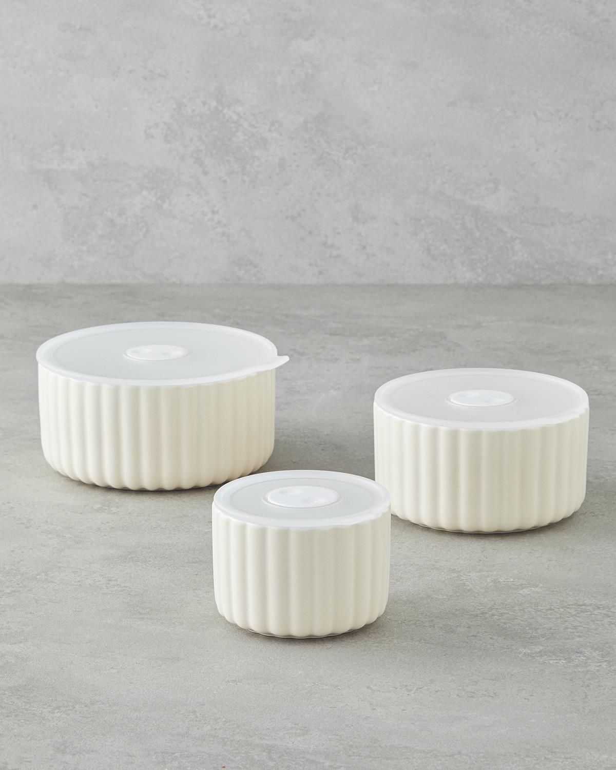 Elvira New Bone China 3'lü Saklama Kabı 300 ml-600 ml-800 ml Krem