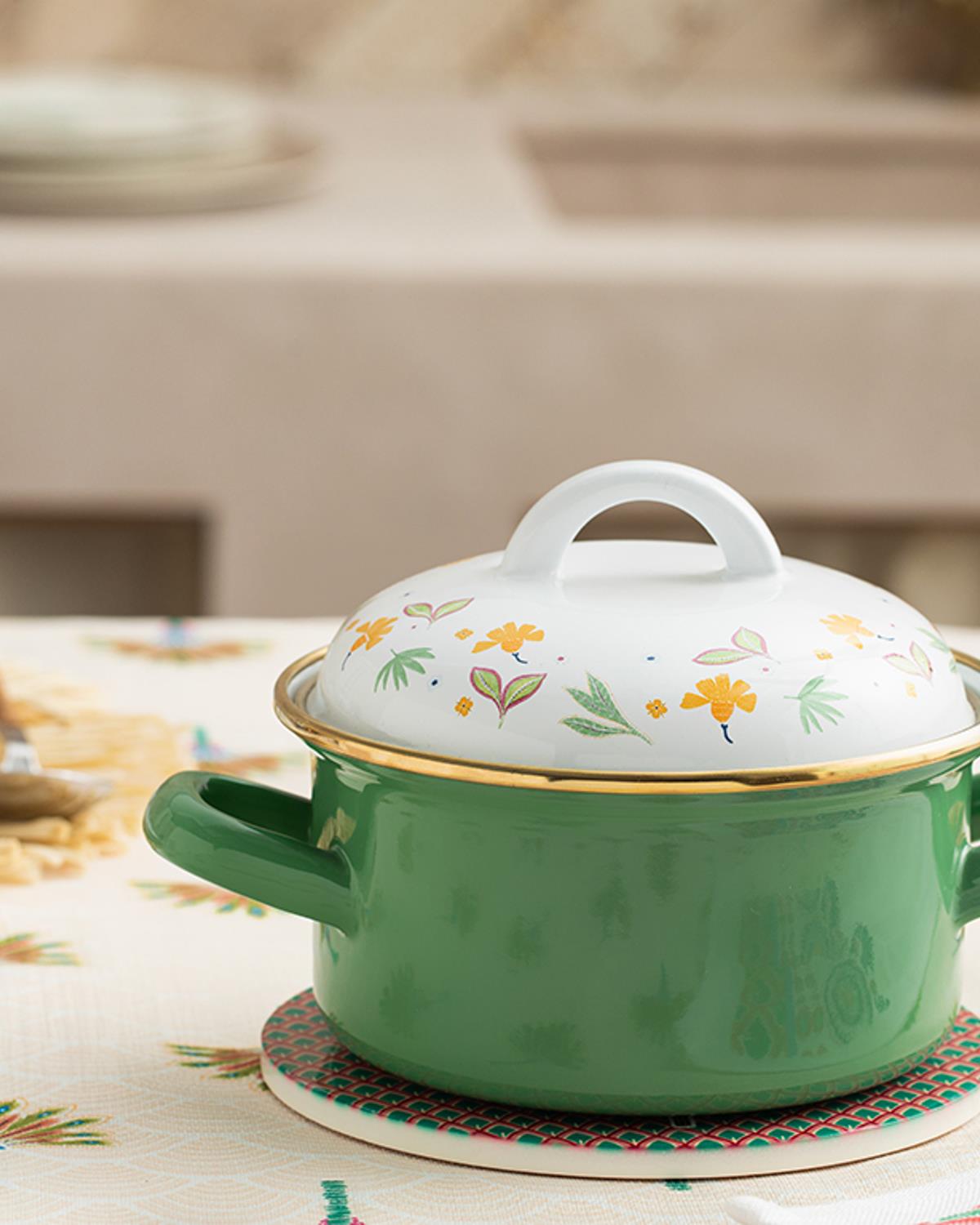 Exotic Leaves Emaye Tencere Yeşil