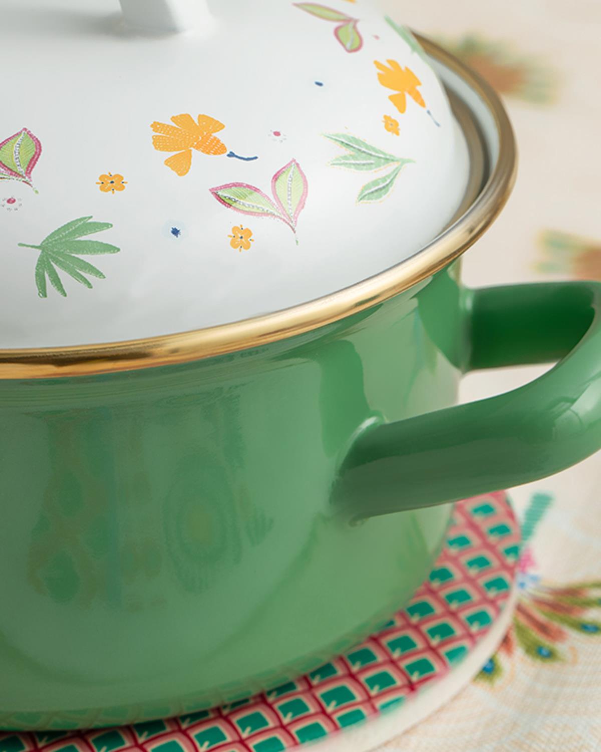 Exotic Leaves Emaye Tencere Yeşil