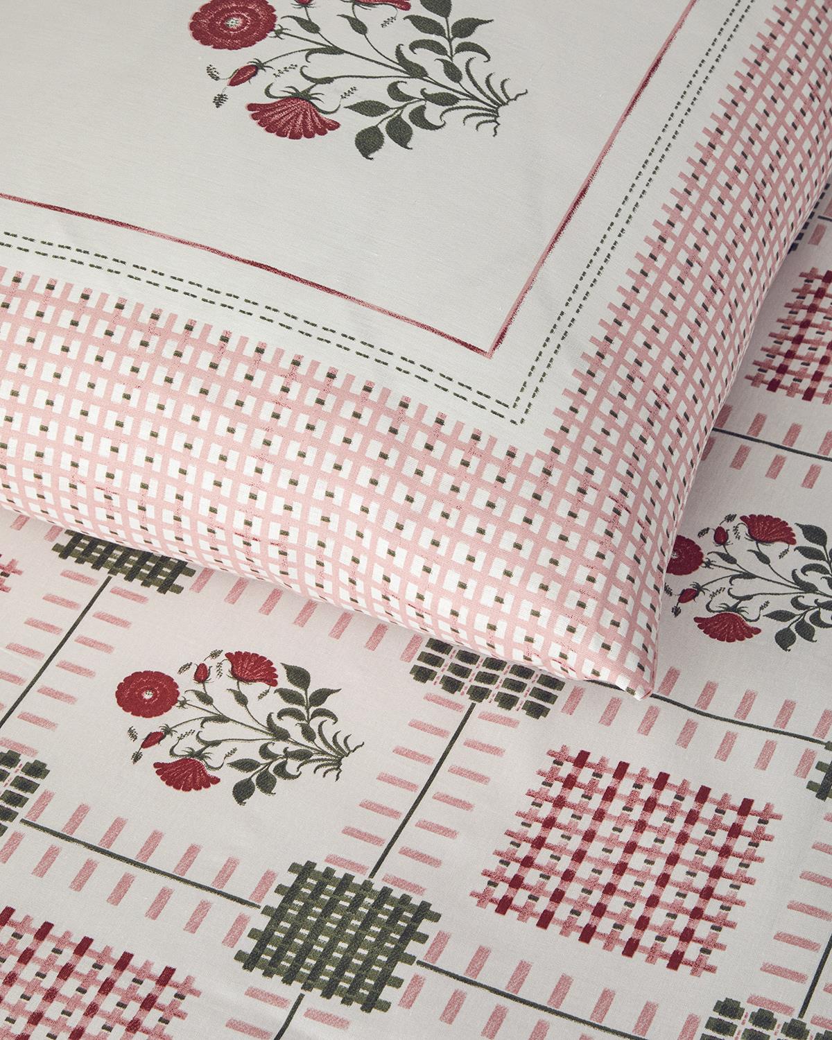 Floral Grid Pamuklu Çift Kişilik Nevresim Seti 200x220 cm Gül Kurusu