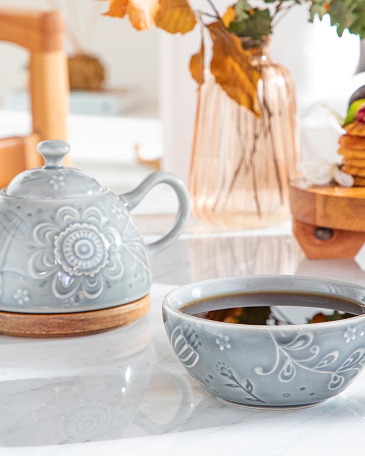 Floral Poem Stoneware Demlik Seti Gri