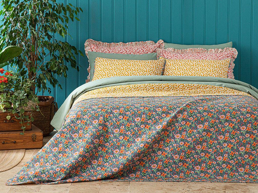 Floral Summer Çok Amaçlı Çift Kişilik Yatak Örtüsü Takımı Sarı