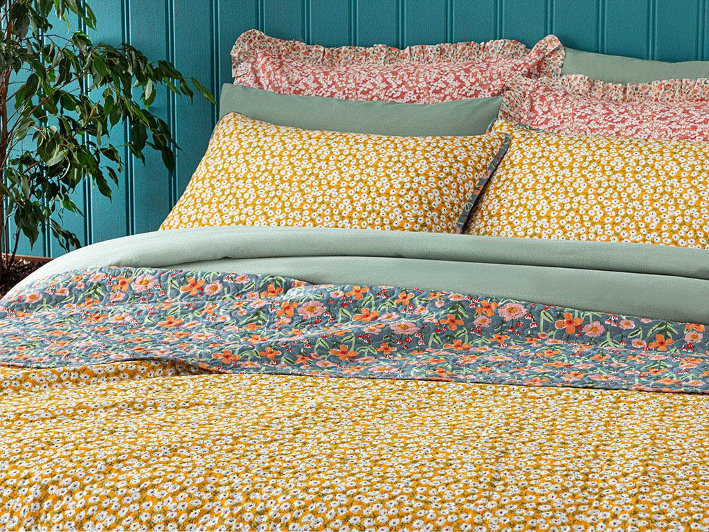 Floral Summer Çok Amaçlı Çift Kişilik Yatak Örtüsü Takımı Sarı