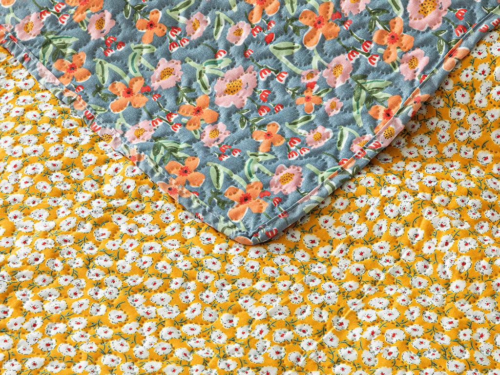 Floral Summer Çok Amaçlı Çift Kişilik Yatak Örtüsü Takımı Sarı