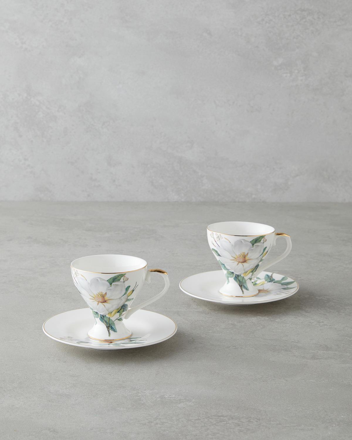 Garden Lovely New Bone China 4 Parça 2 Kişilik Kahve Fincan Takımı 90 ml Yeşil-Beyaz