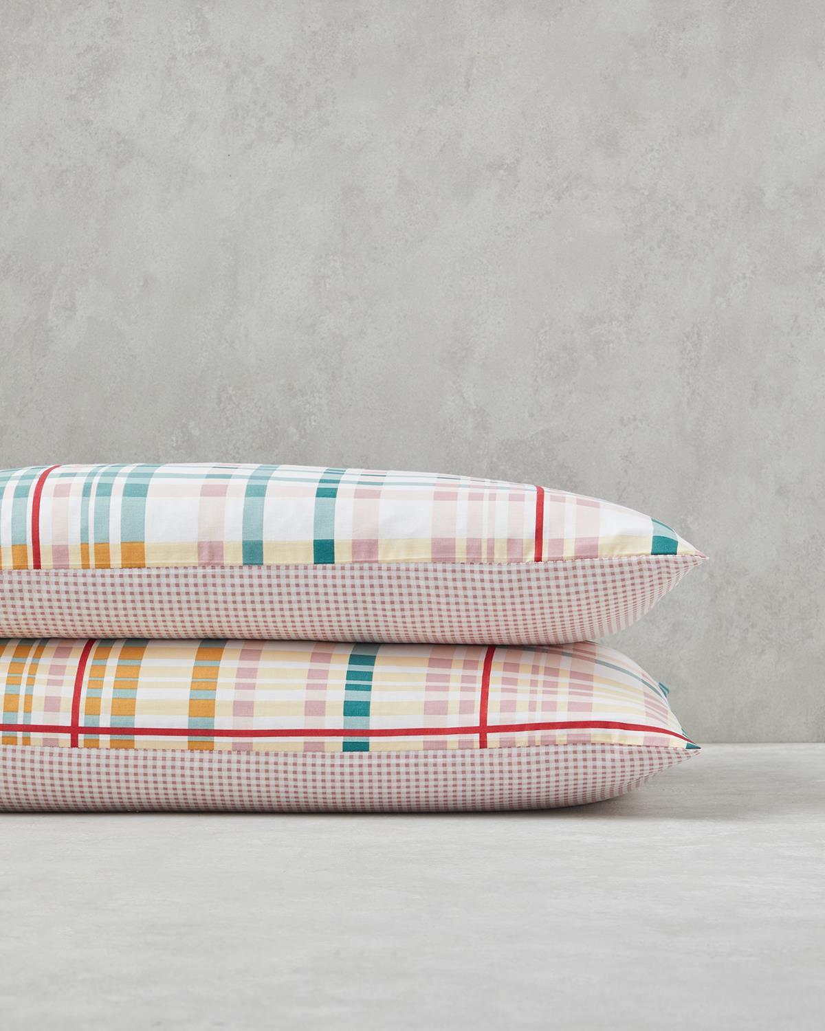 Geo Plaid Pamuklu 2'li Yastık Kılıfı 50x70 cm Yeşil-Pembe