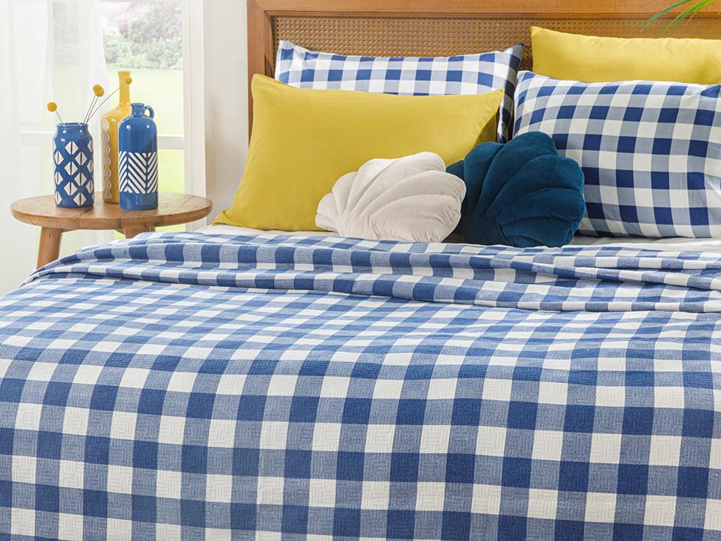 Gingham Baskılı Tek Kişilik Pike Lacivert
