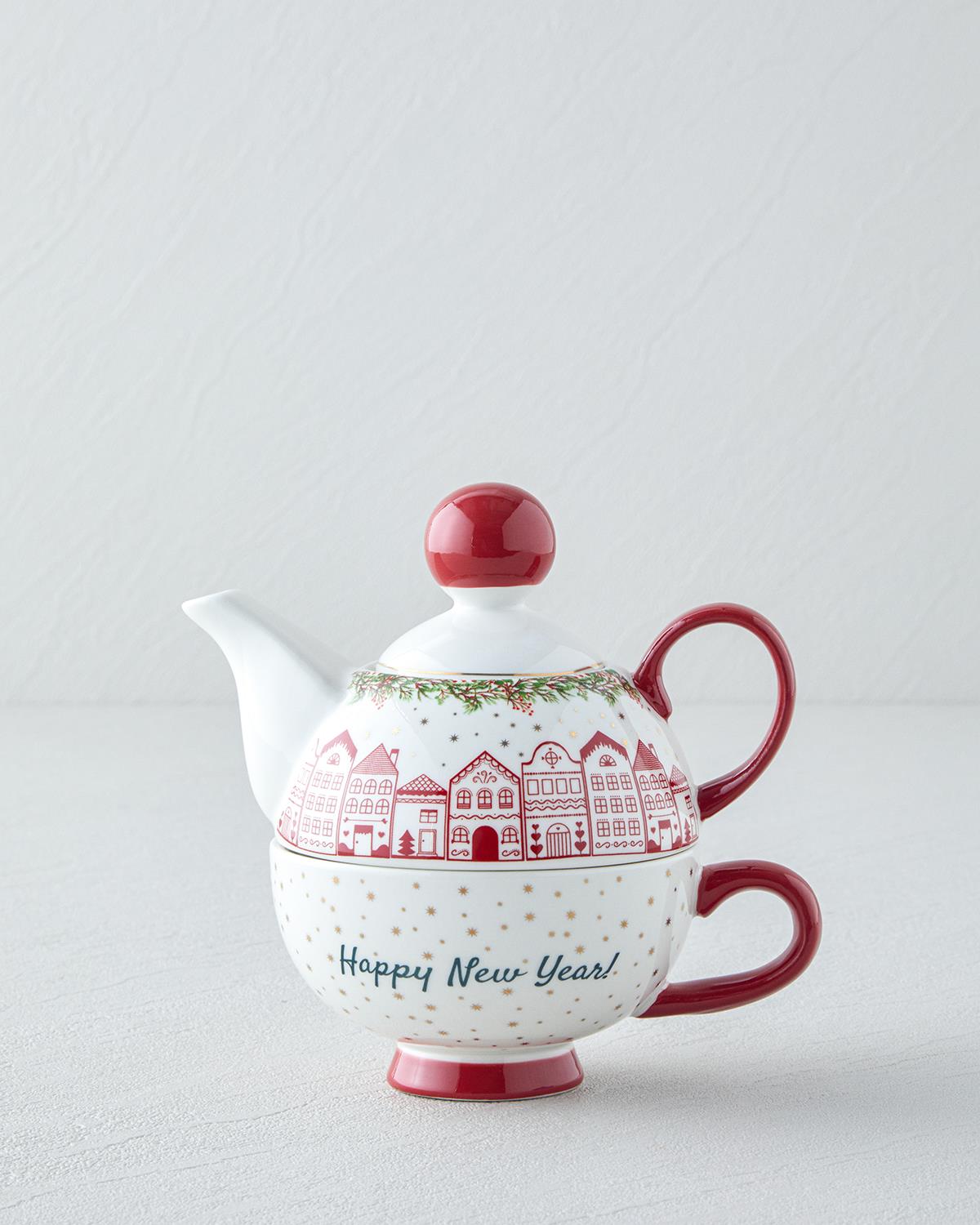 Happy New Year New Bone China Demlik Seti 400 ml Kırmızı