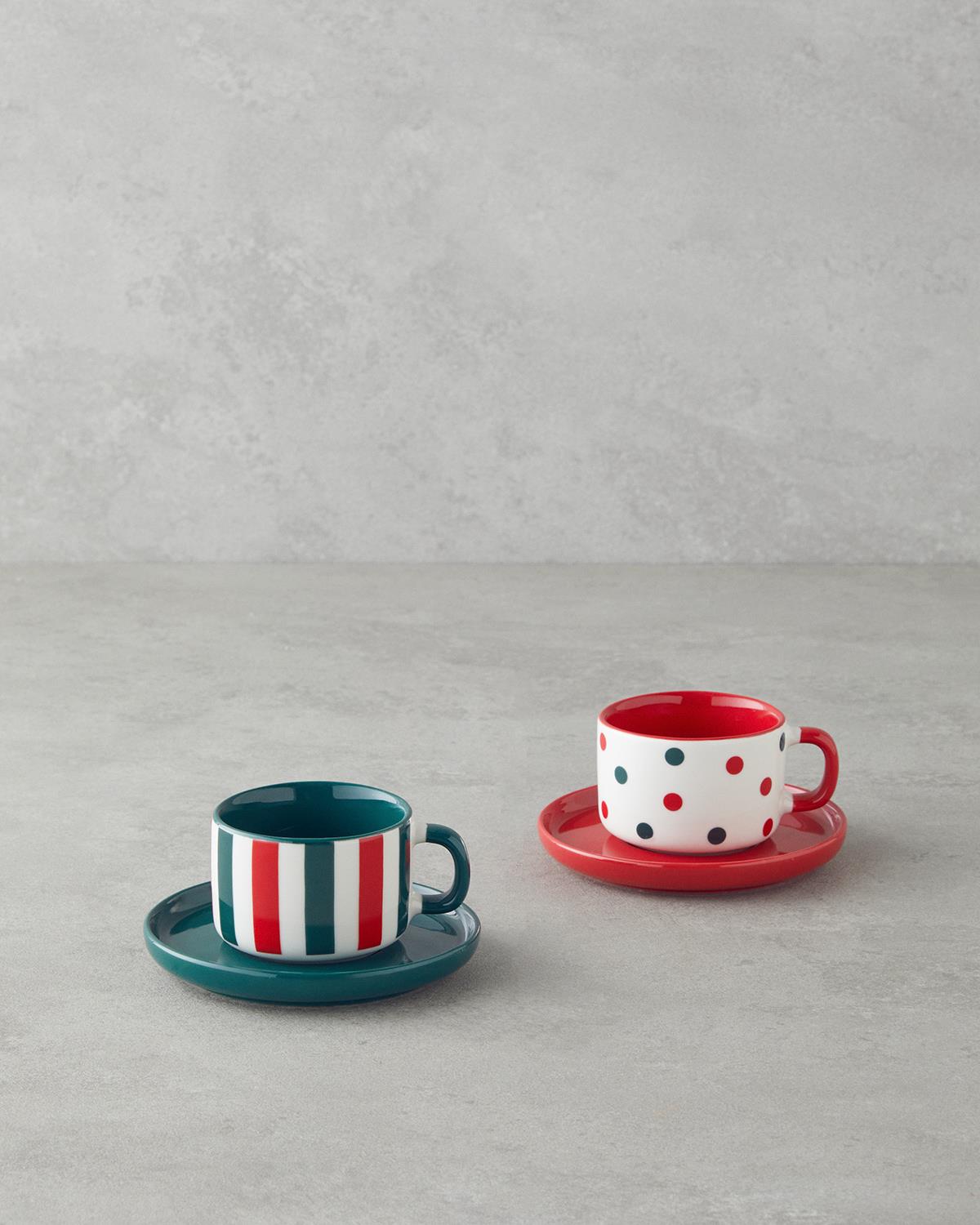 Holiday Cheer New Bone China 4 Parça 2 Kişilik Kahve Fincan Takımı 90 ml Kırmızı - Yeşil