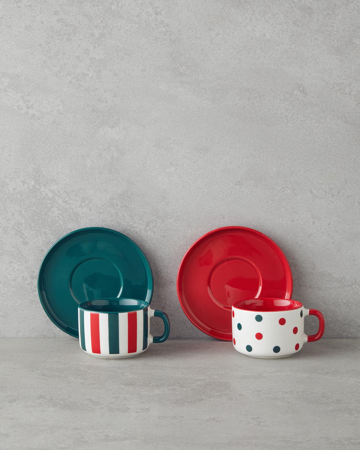 Holiday Cheer New Bone China 4 Parça 2 Kişilik Kahve Fincan Takımı 90 ml Kırmızı - Yeşil