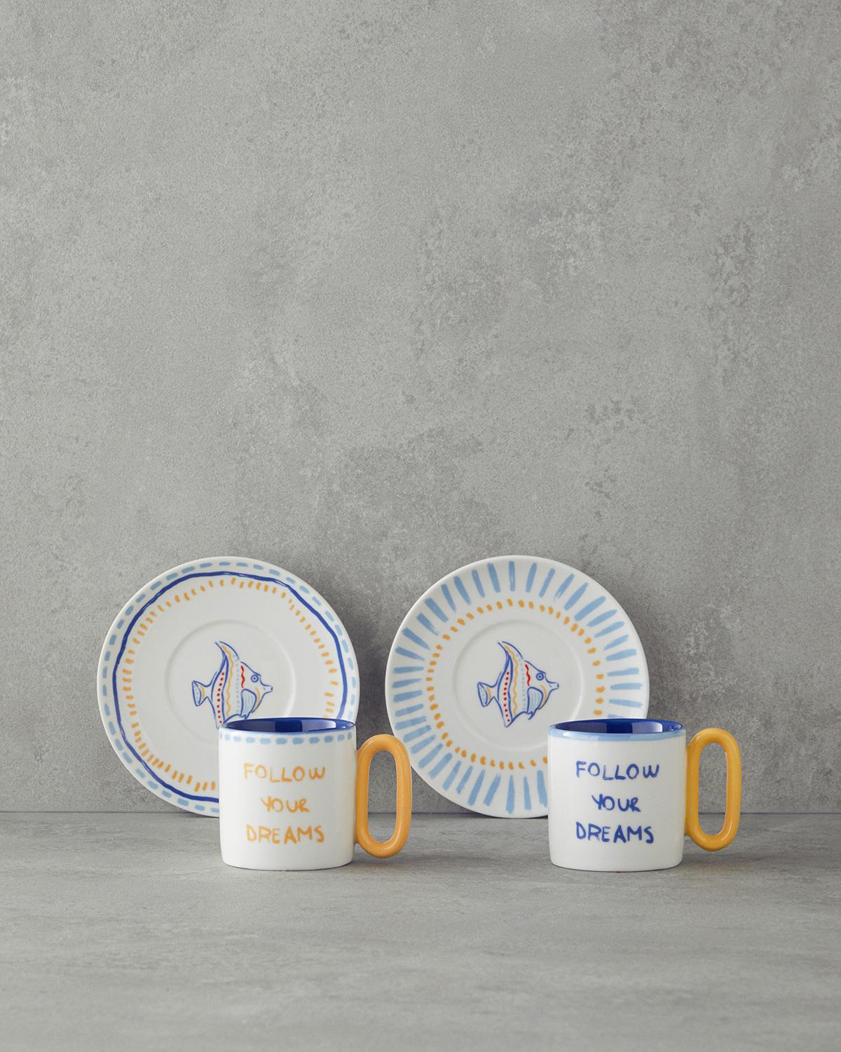 Jolly Waves New Bone China Kahve Fincan Takımı Sarı - Mavi