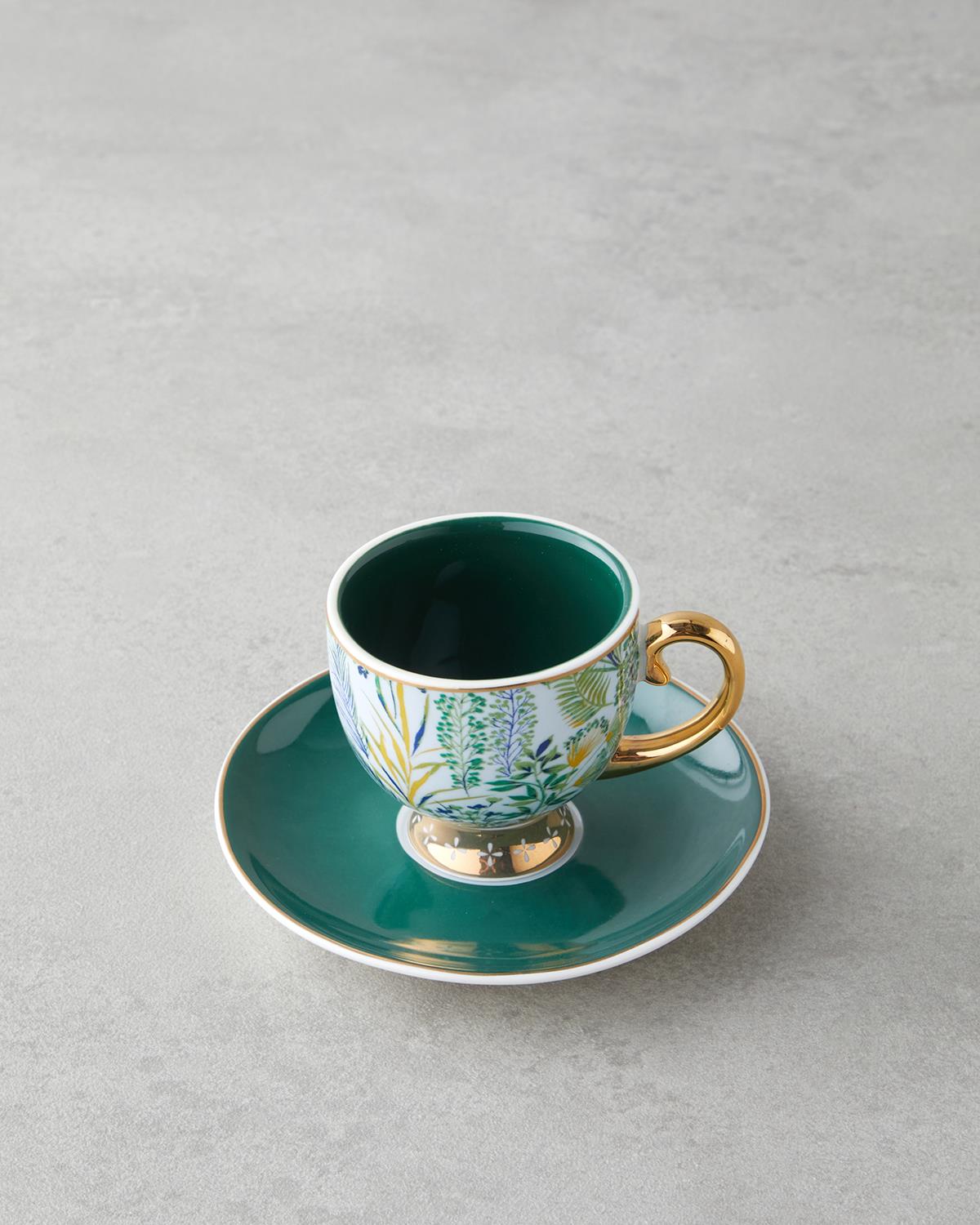 Leafora New Bone China 4 Parça 2 Kişilik Kahve Fincan Takımı 100 ml Yeşil-Mavi