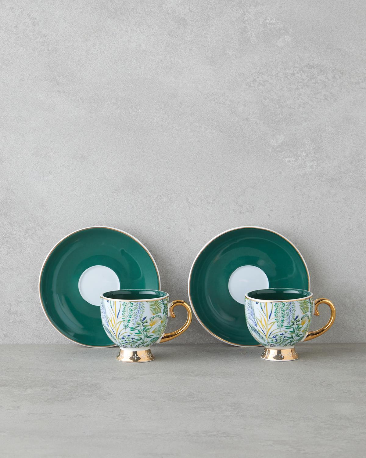 Leafora New Bone China 4 Parça 2 Kişilik Kahve Fincan Takımı 100 ml Yeşil-Mavi