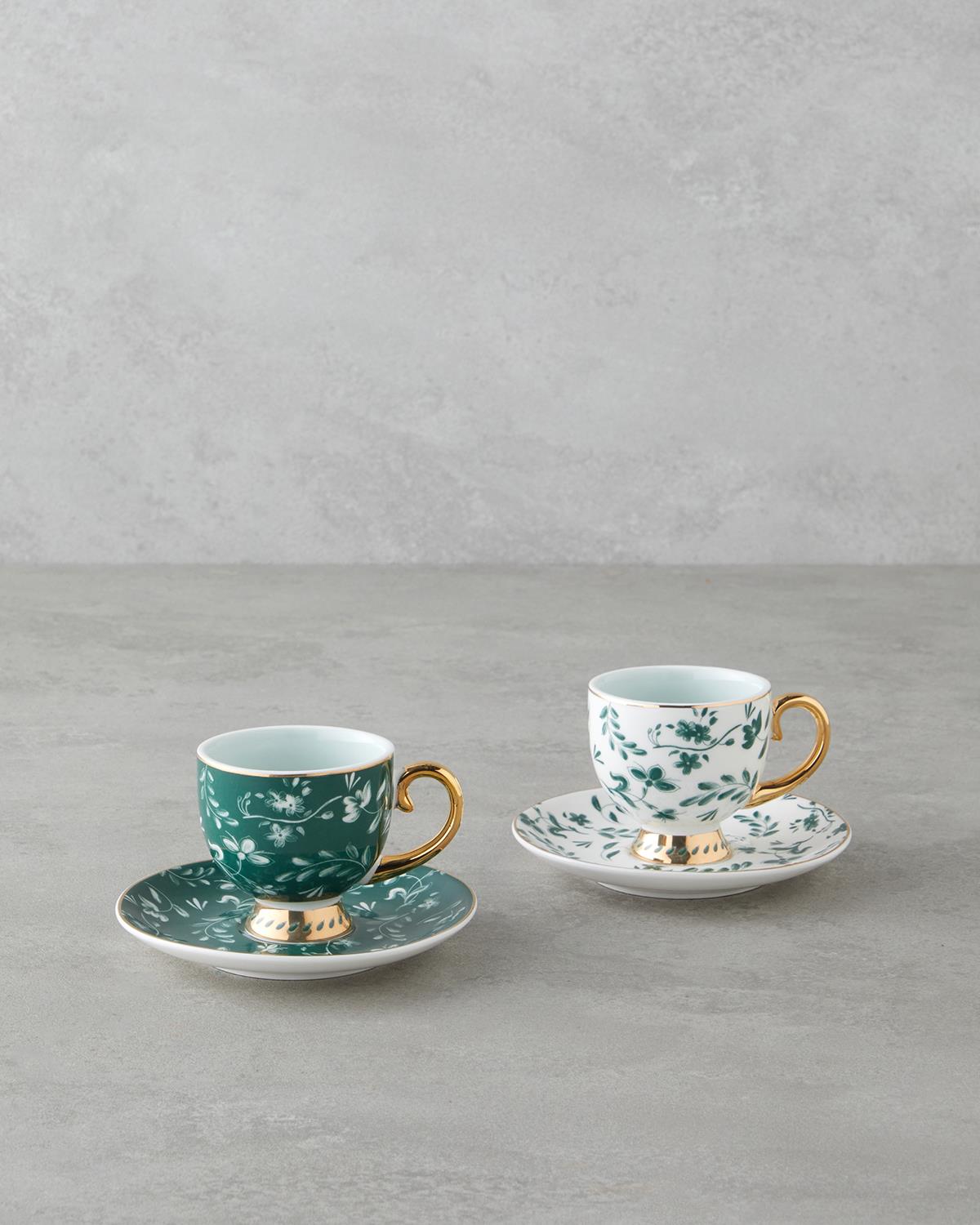 Leafscape New Bone China 4 Parça 2 Kişilik Kahve Fincan Takımı 100 ml Beyaz - Yeşil
