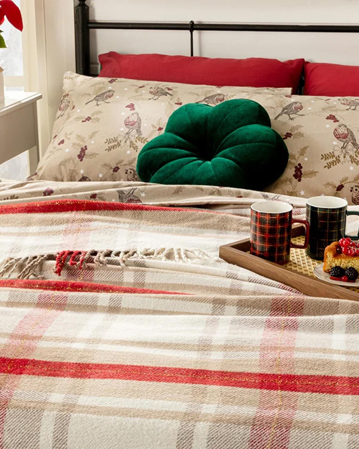Mackenzie Simli Pamuklu King Size Battaniye Kırmızı - Bej