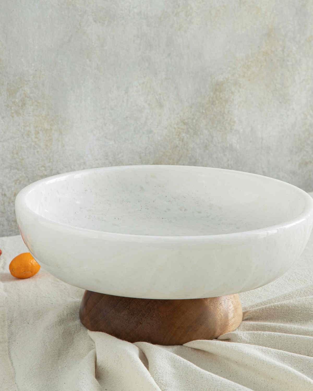 Marble Mermer-Ceviz Ayaklı Sunumluk Beyaz-Koyu Kahve